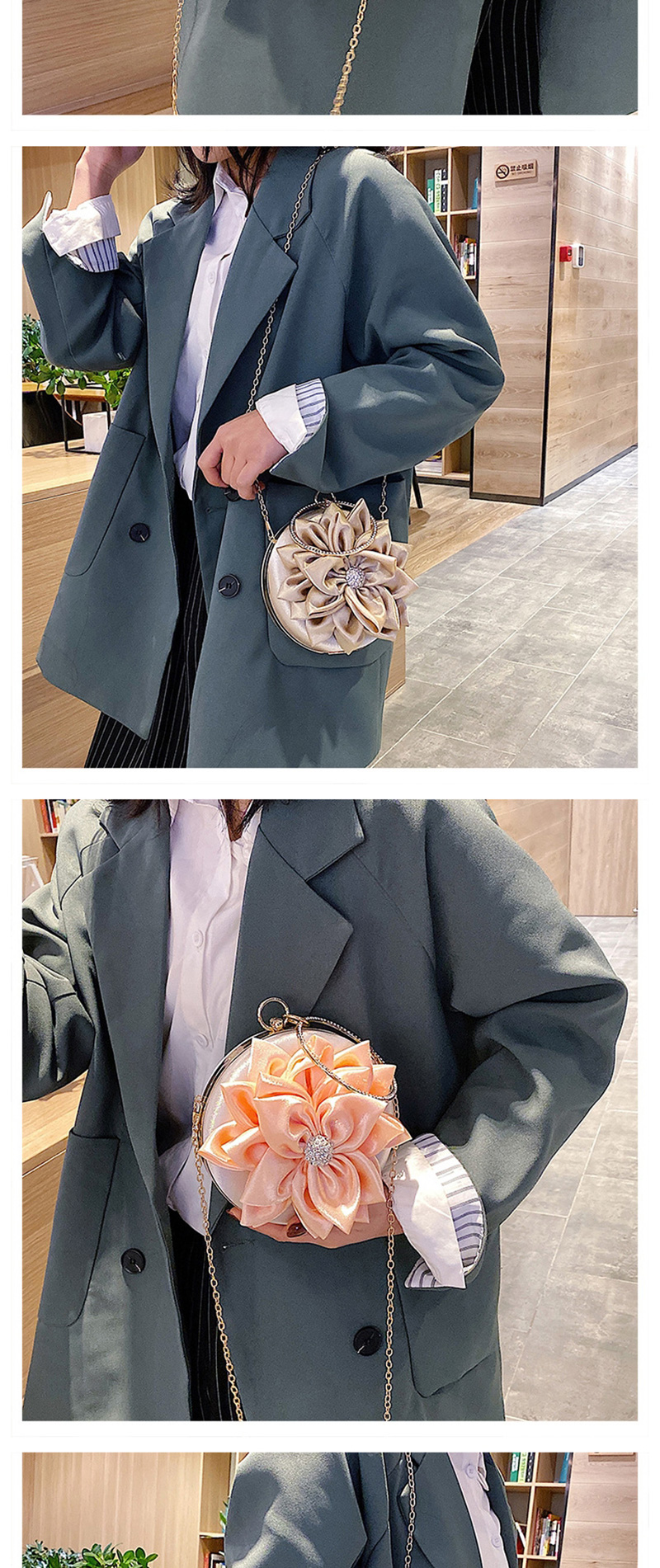 Fashion Apricot Rhinestone Flower Chain Clip Shoulder Crossbody Bag,Shoulder bags