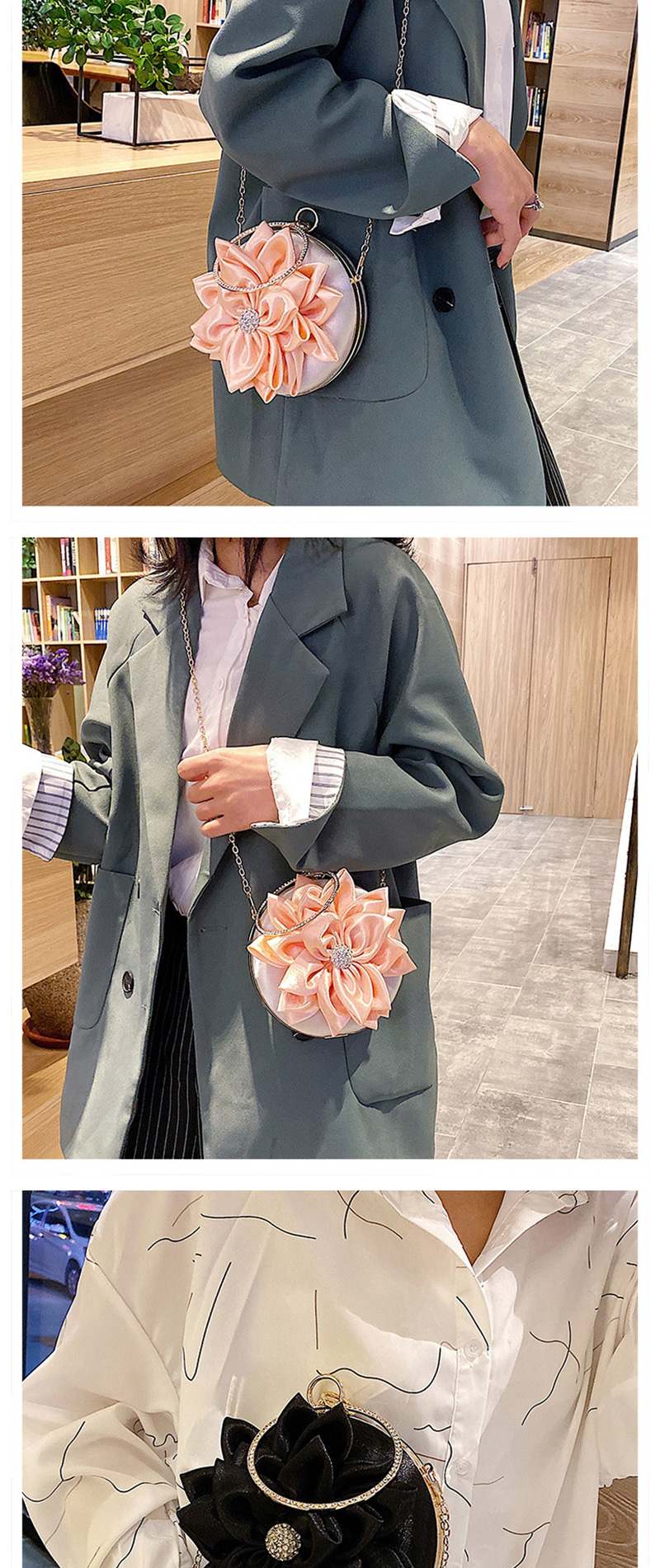 Fashion Brown Rhinestone Flower Chain Clip Shoulder Crossbody Bag,Shoulder bags