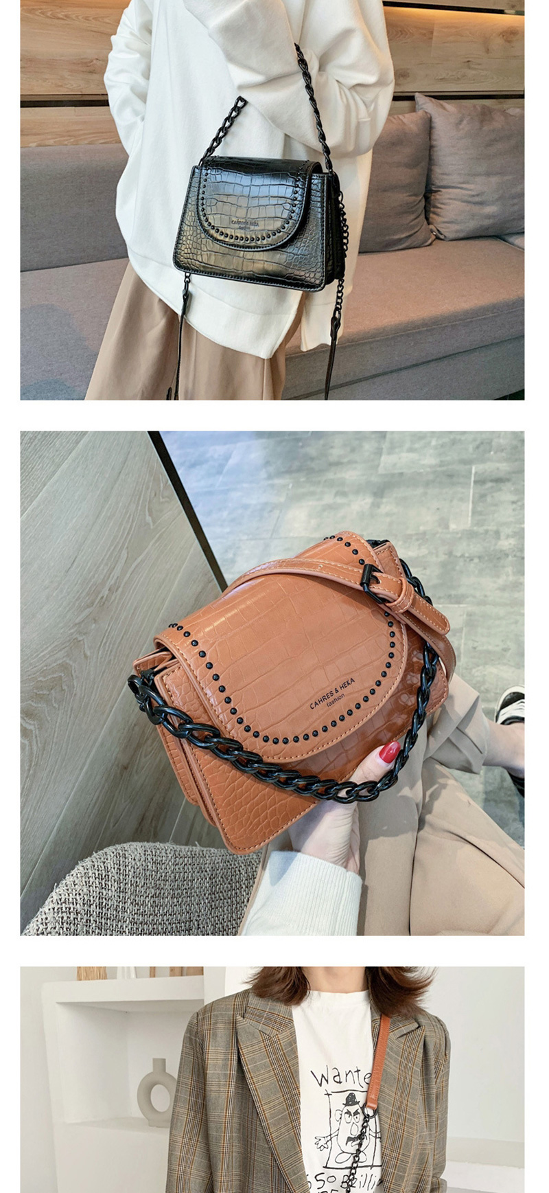 Fashion Brown Crocodile Chain Studded Shoulder Bag,Shoulder bags