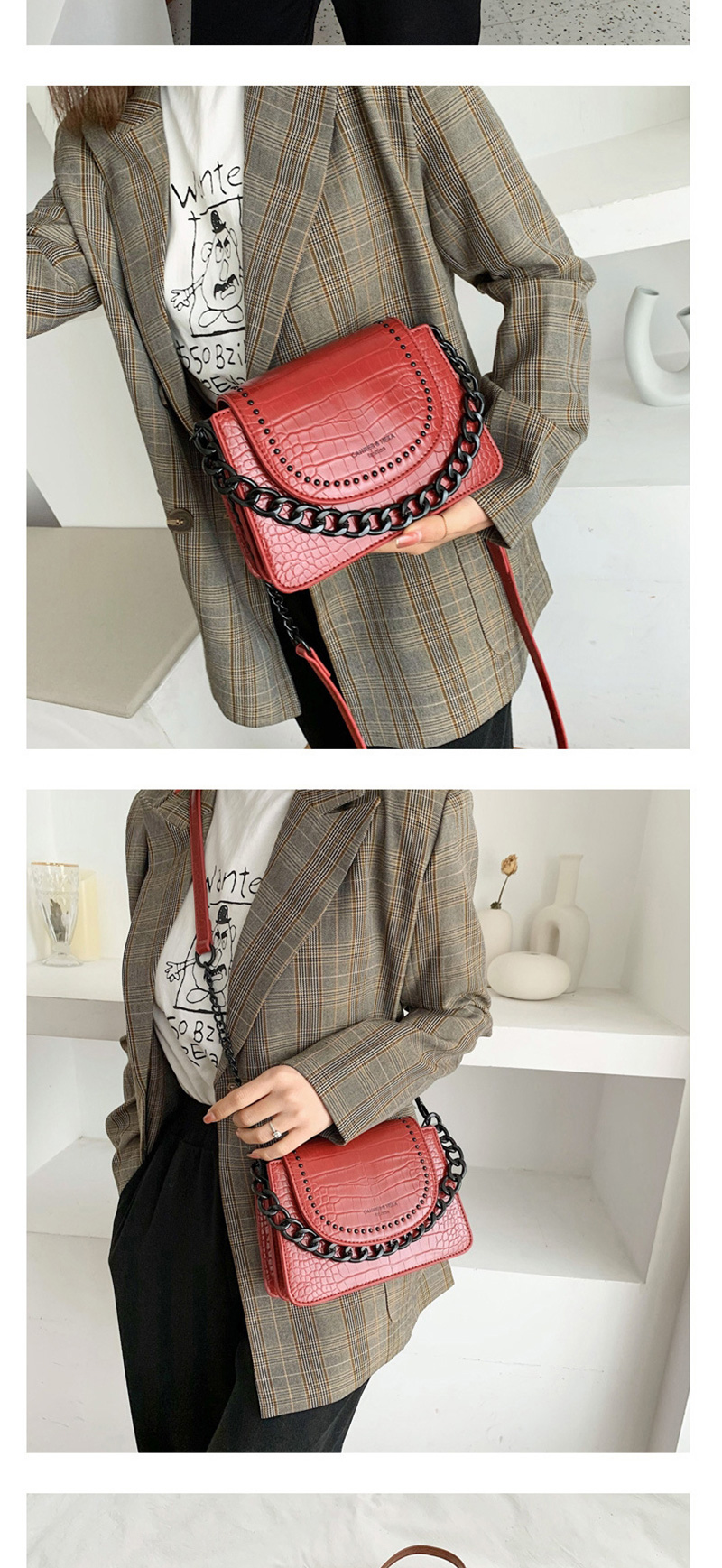 Fashion Brown Crocodile Chain Studded Shoulder Bag,Shoulder bags