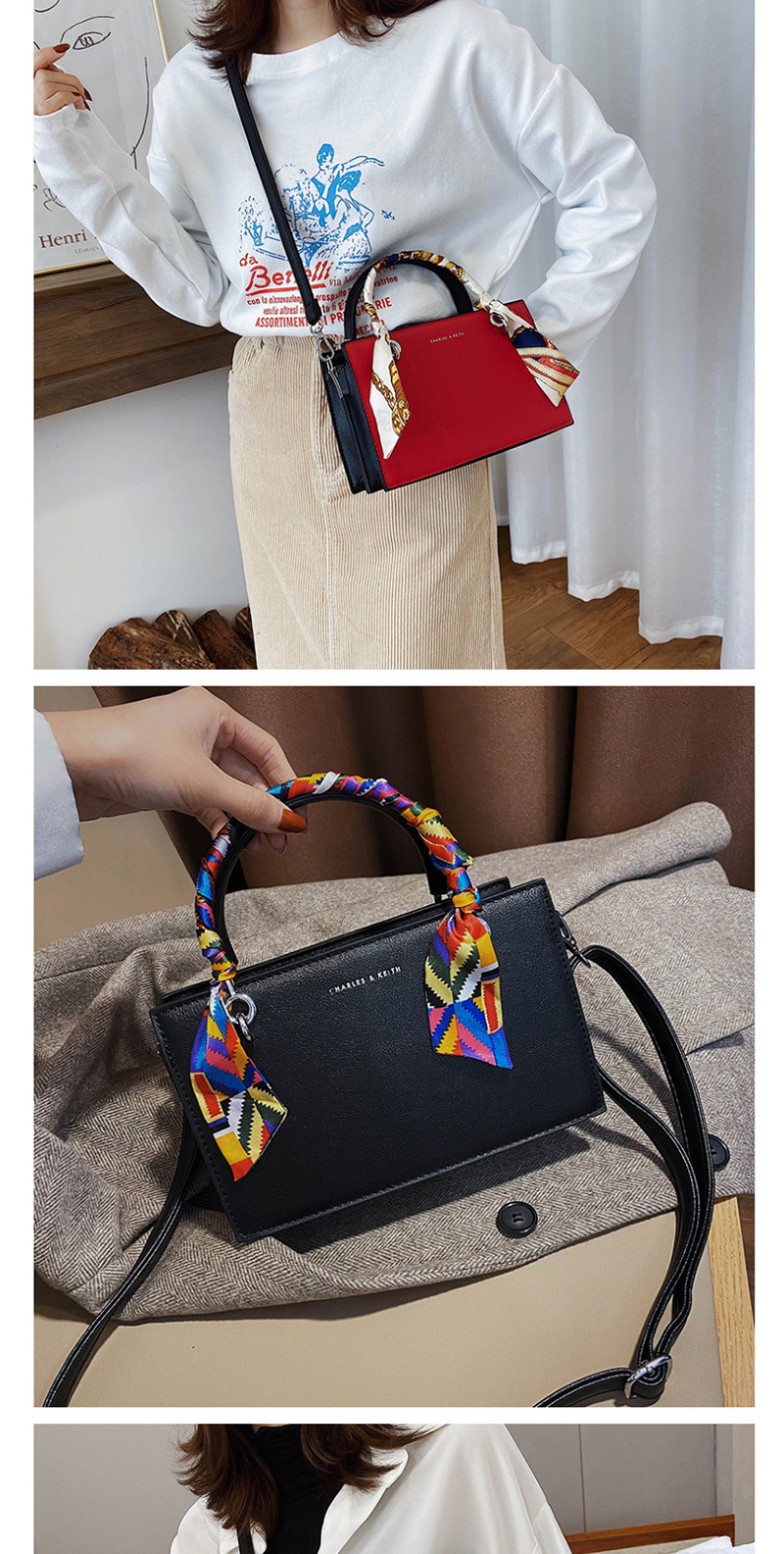 Fashion Black Scarf Stitched Contrast Bronzing Alphabet Shoulder Bag,Handbags
