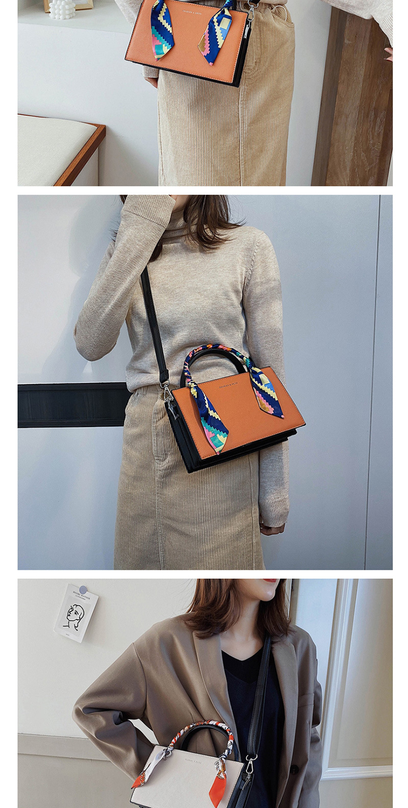 Fashion Orange Scarf Stitched Contrast Bronzing Alphabet Shoulder Bag,Handbags