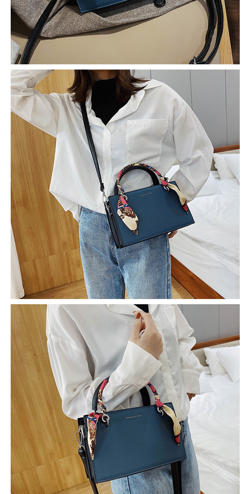 Fashion Blue Scarf Stitched Contrast Bronzing Alphabet Shoulder Bag,Handbags