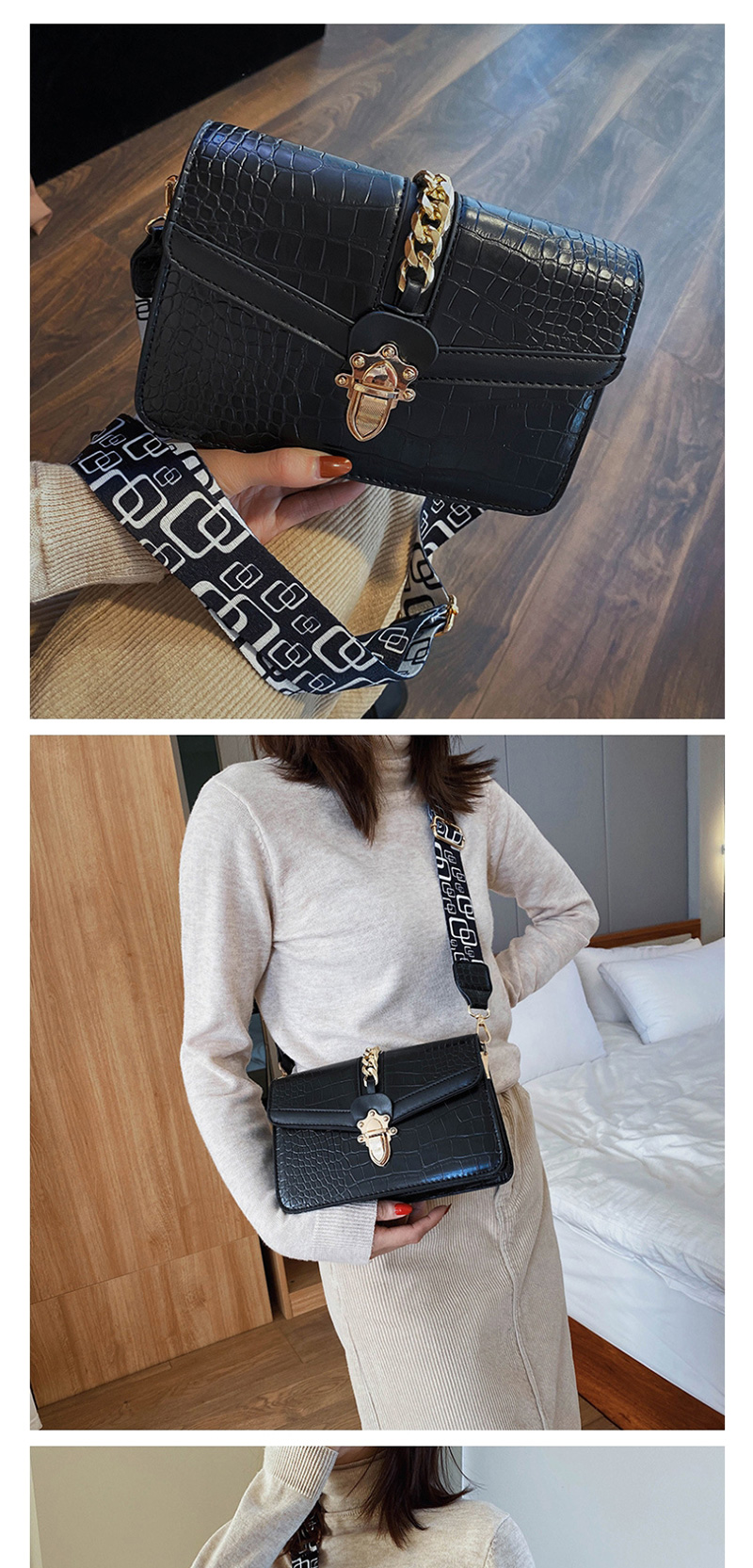 Fashion Black Stone Pattern Broadband Crossbody Shoulder Bag,Shoulder bags