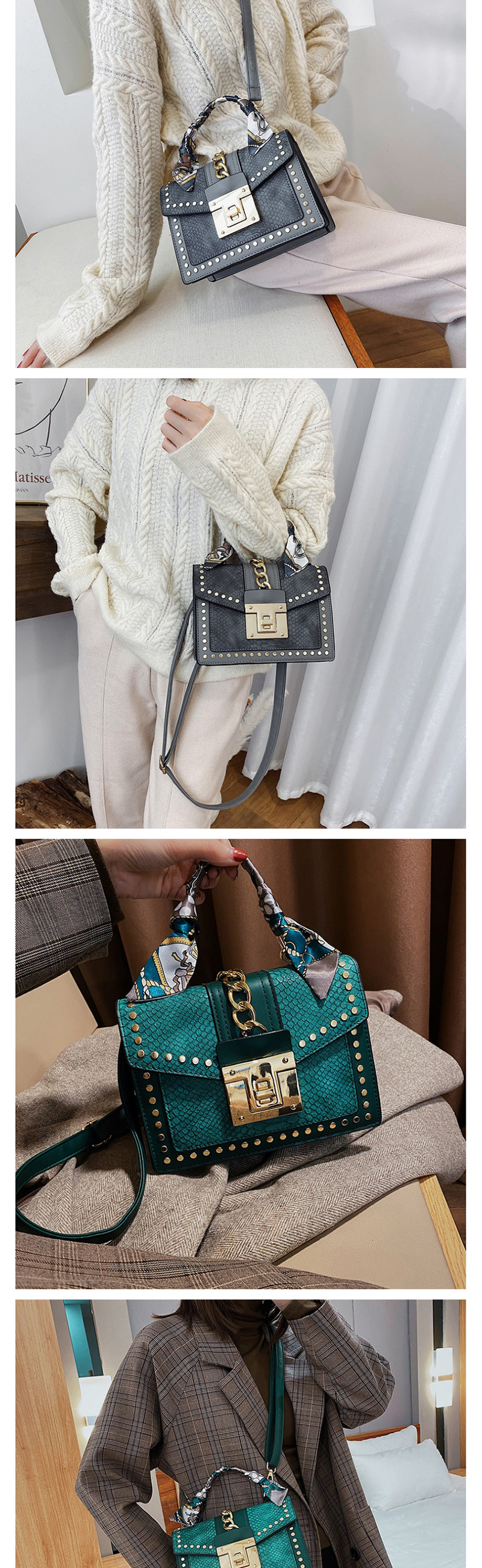 Fashion Khaki Silk Scarf Snake Studded Shoulder Bag,Handbags