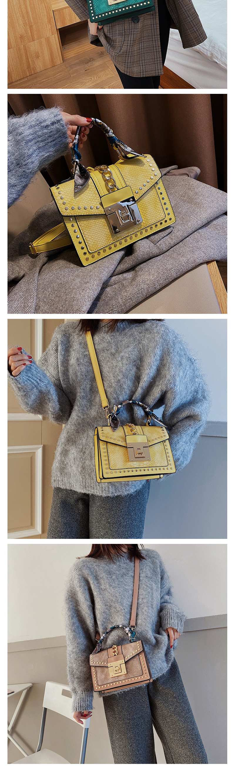 Fashion Yellow Silk Scarf Snake Studded Shoulder Bag,Handbags
