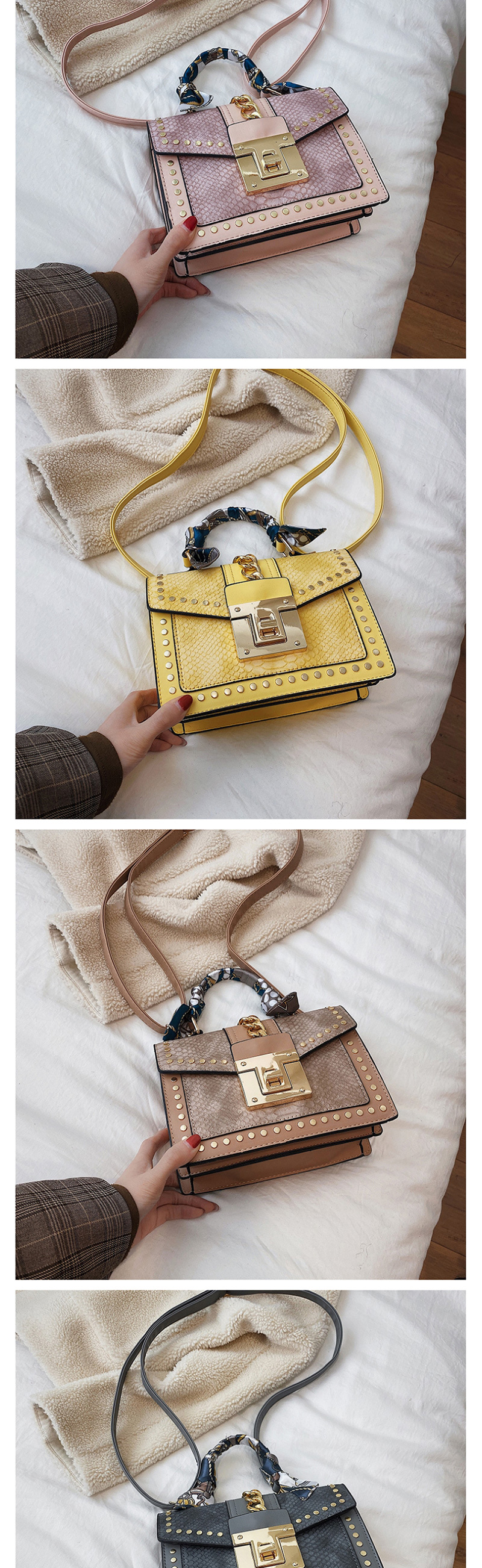 Fashion Brown Silk Scarf Snake Studded Shoulder Bag,Handbags