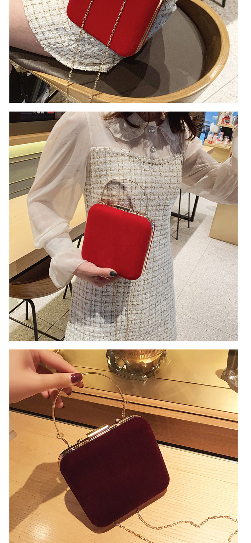 Fashion Red Velvet Metal Clip Chain Shoulder Cross-body Bag,Handbags