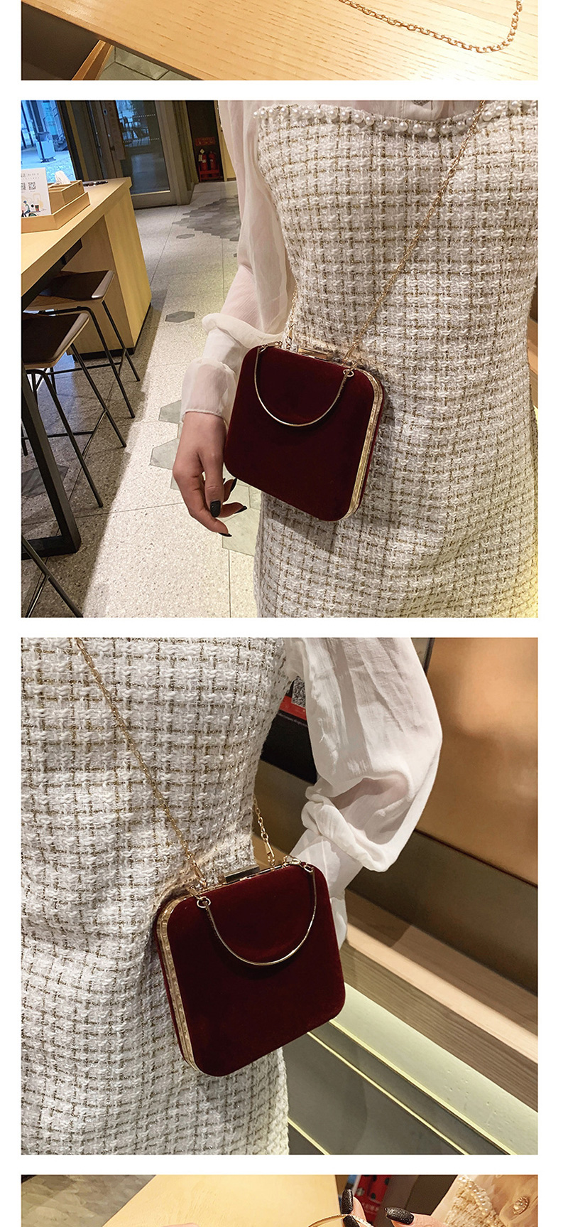 Fashion Red Wine Velvet Metal Clip Chain Shoulder Cross-body Bag,Handbags