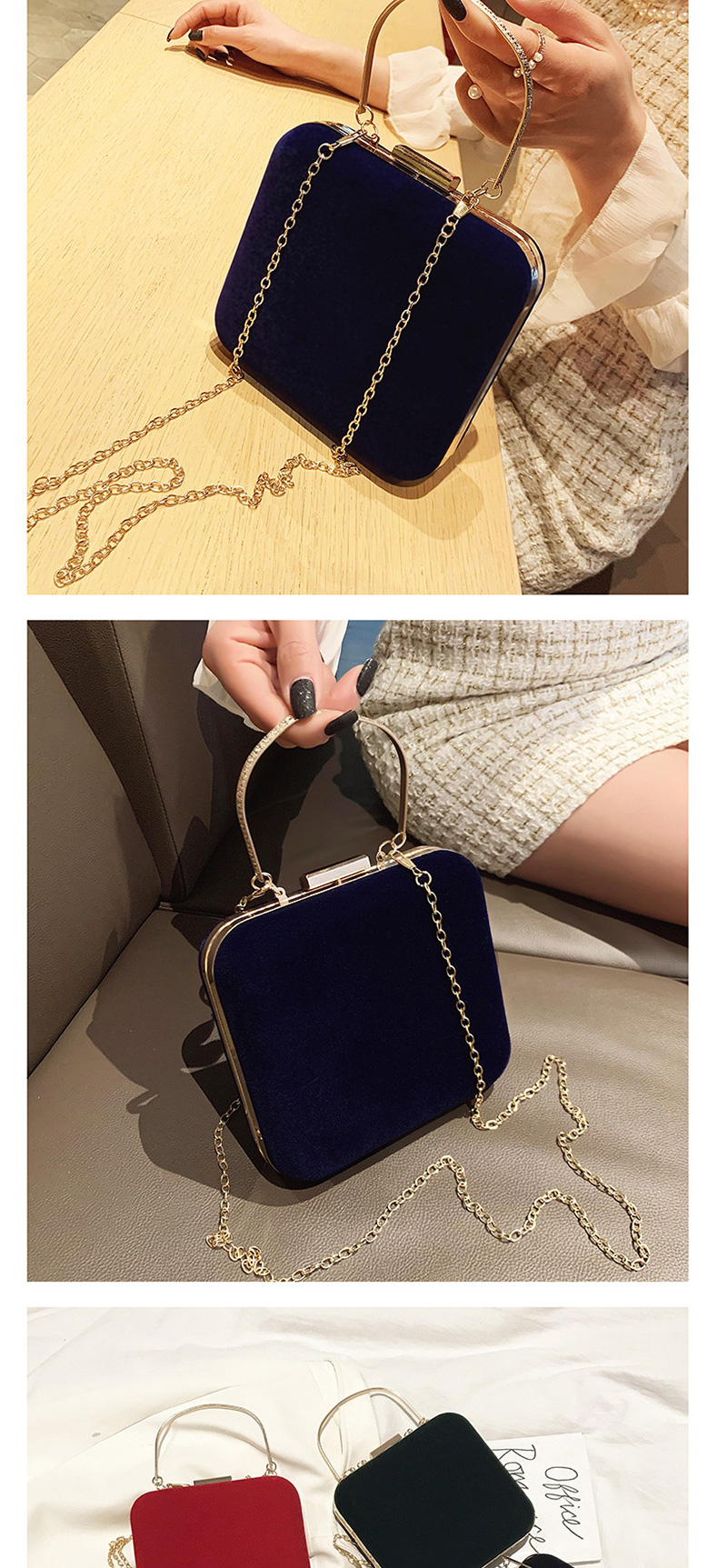 Fashion Blue Velvet Metal Clip Chain Shoulder Cross-body Bag,Handbags