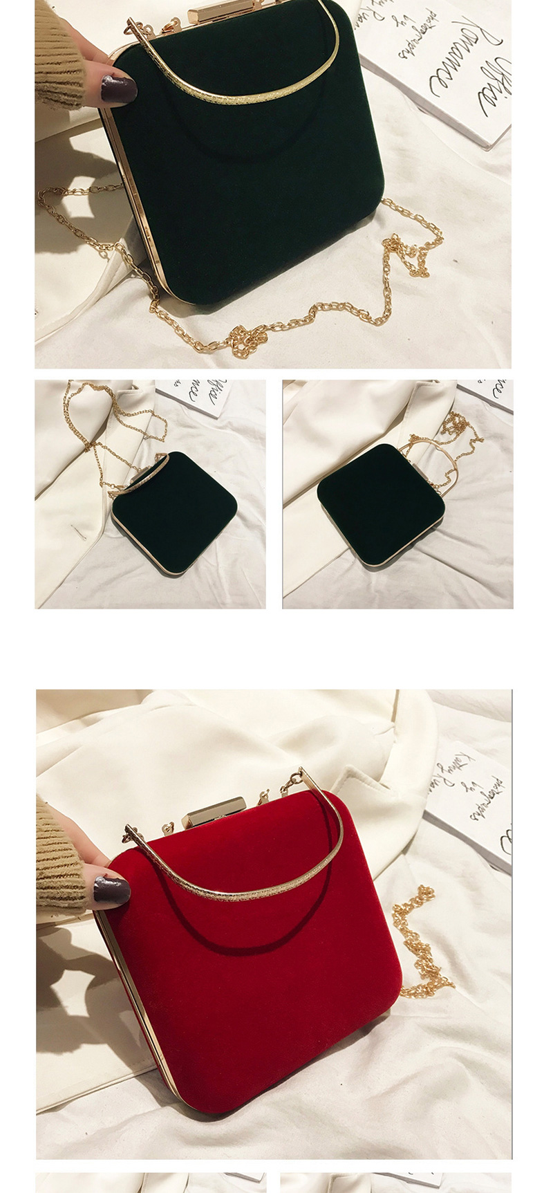 Fashion Red Wine Velvet Metal Clip Chain Shoulder Cross-body Bag,Handbags