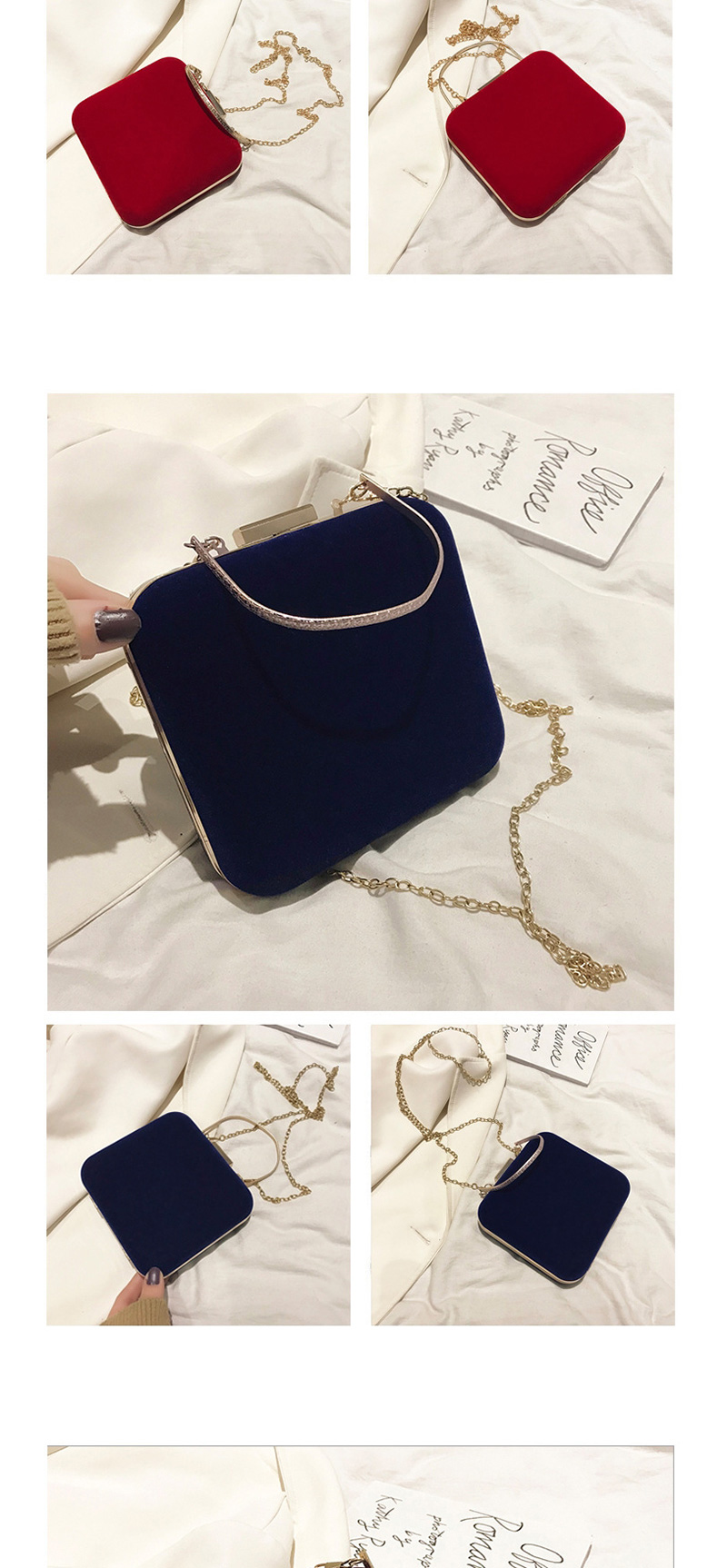 Fashion Blue Velvet Metal Clip Chain Shoulder Cross-body Bag,Handbags