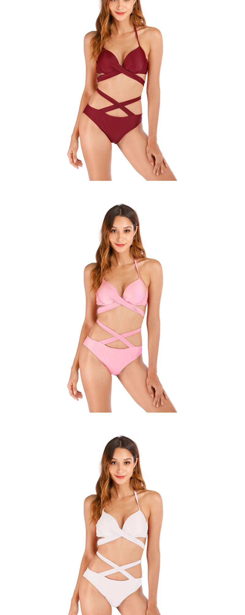 Fashion Pink Cross Strap Cutout Split Swimsuit,Bikini Sets