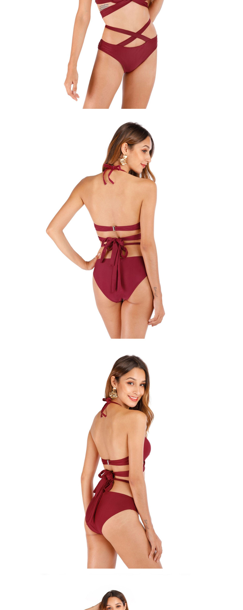 Fashion Wine Red Cross Strap Cutout Split Swimsuit,Bikini Sets