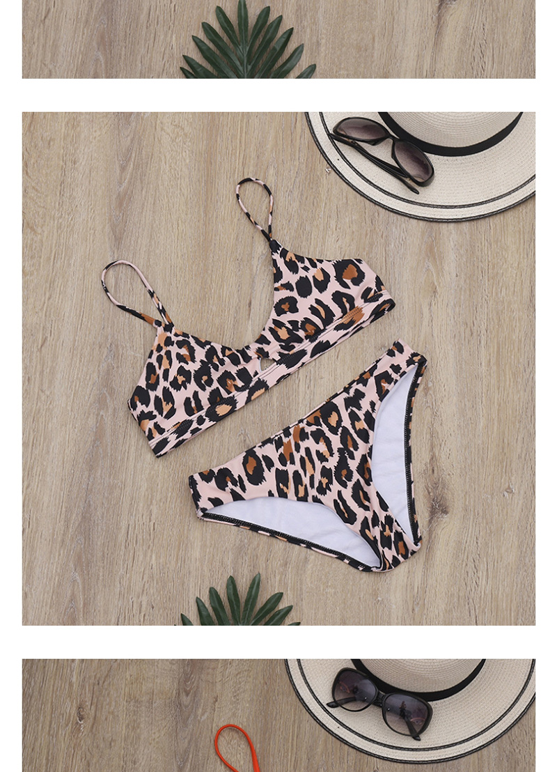 Fashion Beige Leaf Print Cutout Low Waist Split Swimsuit,Bikini Sets