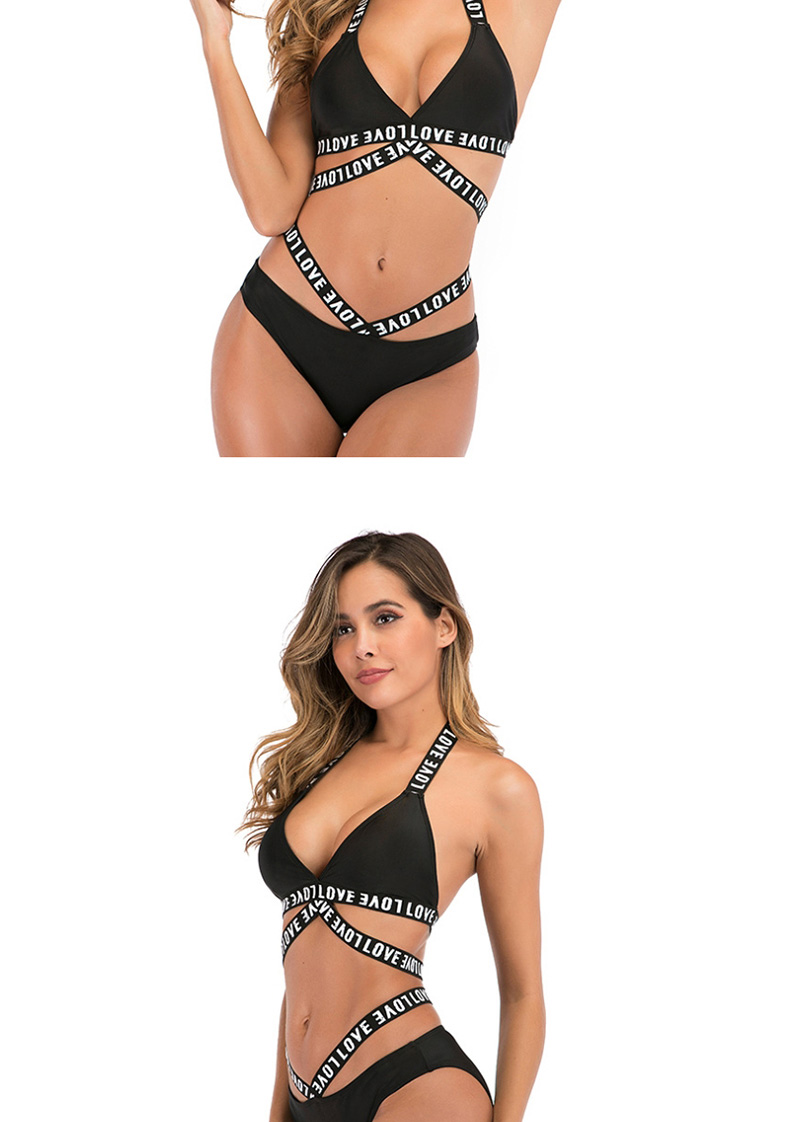 Fashion Black Band Print Cutout Split Swimsuit,Bikini Sets