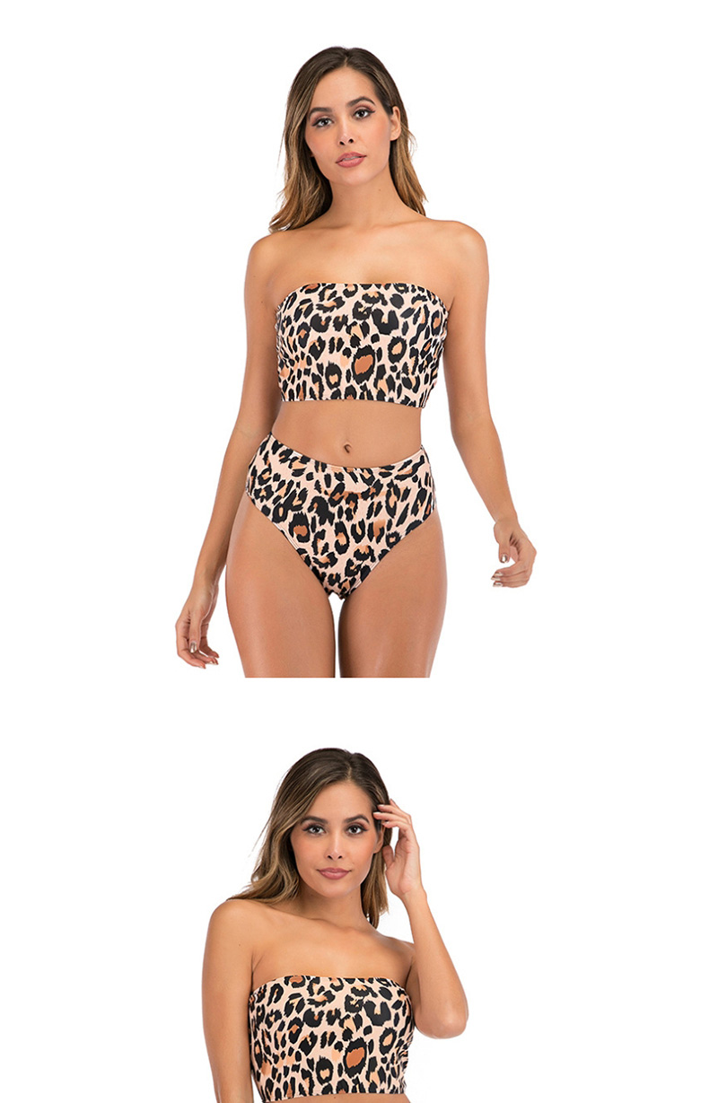 Fashion Leopard Print Leopard Print Tube Top High Waist Split Swimsuit,Bikini Sets