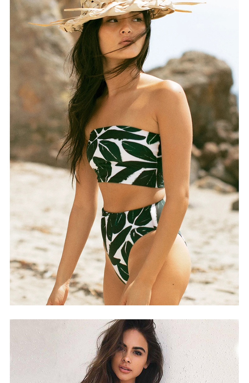 Fashion Green Leaves Foliage Printed Tube Top High Waist Split Swimsuit,Bikini Sets