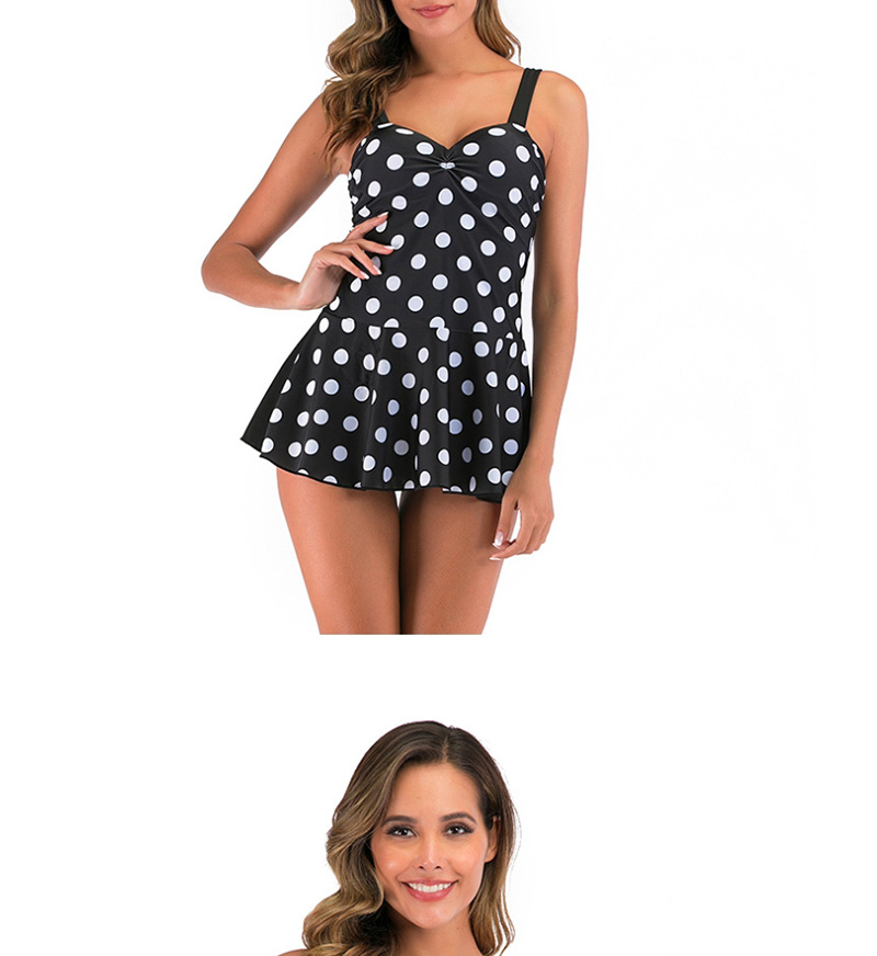 Fashion Black Polka Dot Sling-style Pleated Panel Plus Size One-piece Swimsuit,One Pieces