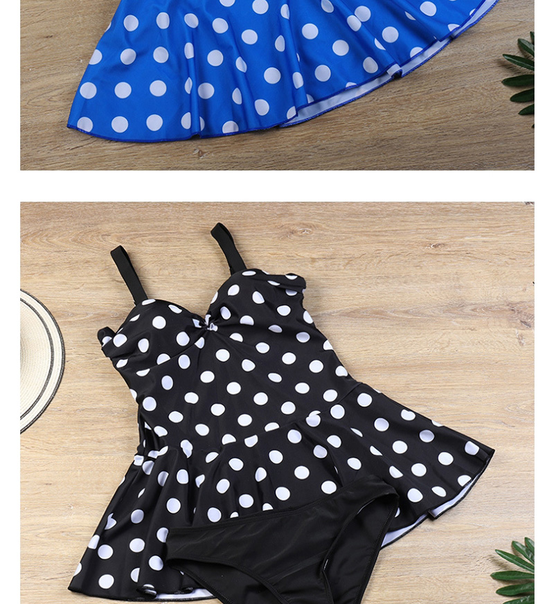 Fashion Blue Polka Dot Sling-style Pleated Panel Plus Size One-piece Swimsuit,One Pieces