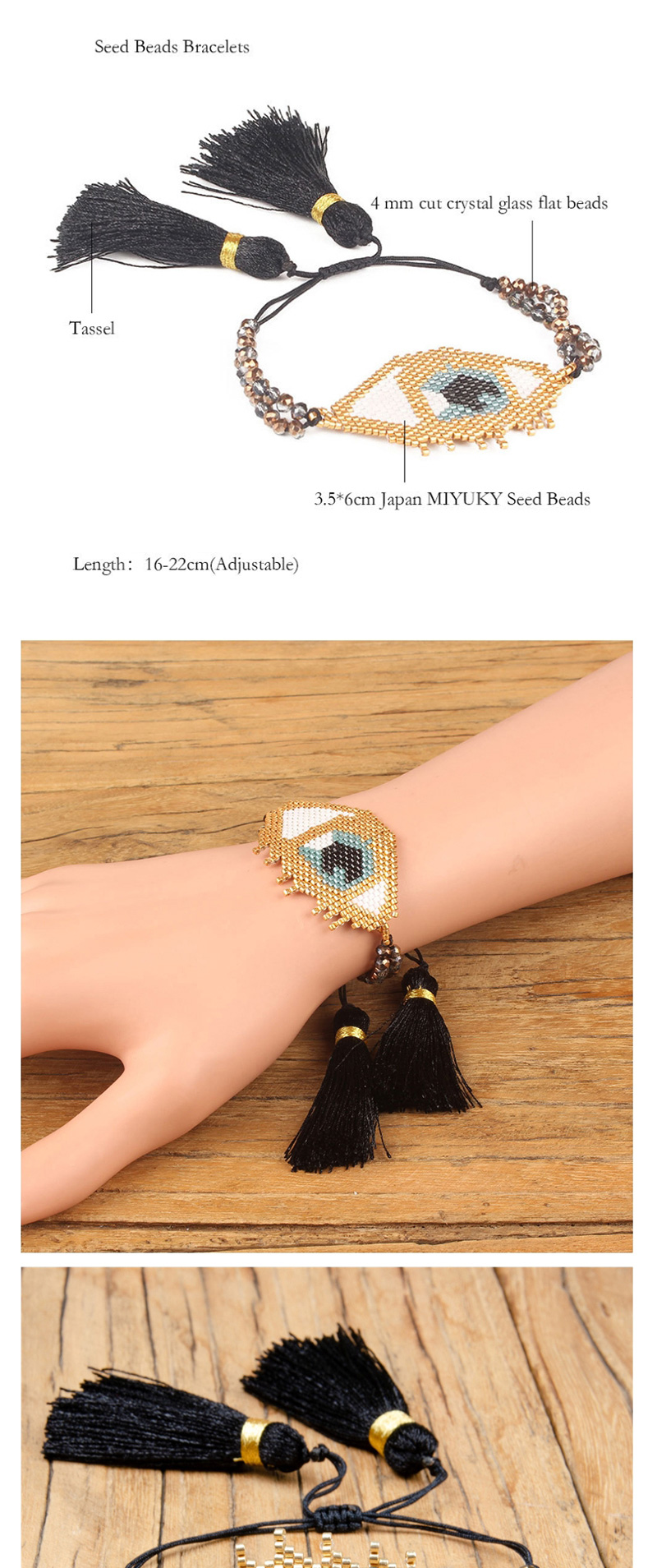 Fashion Golden Rice Beads Woven Eye Tassel Bracelet,Beaded Bracelet