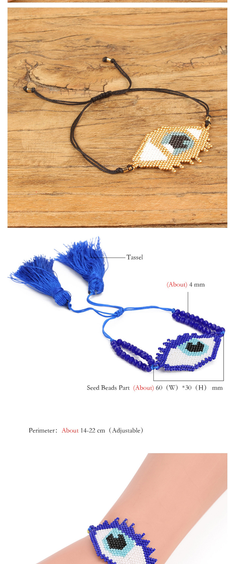 Fashion Gray Rice Beads Woven Eye Tassel Bracelet,Beaded Bracelet