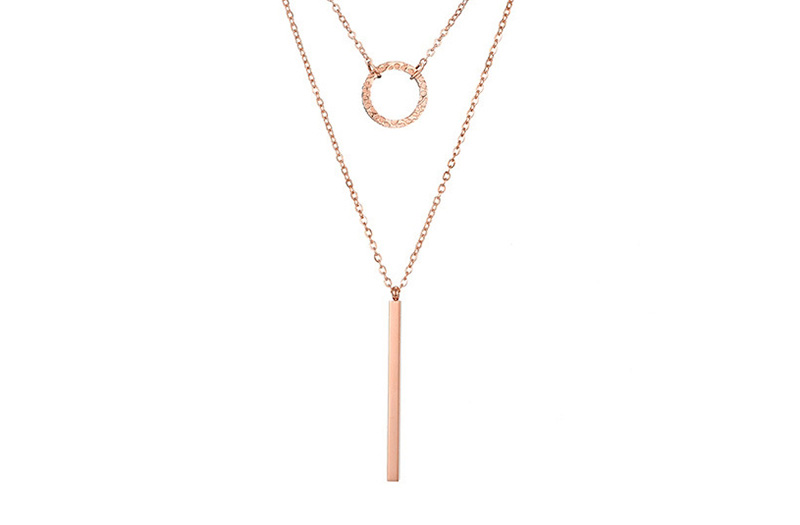Fashion Rose Gold Rectangular Stainless Steel Geometric Round Stacked Gold-plated Necklace,Necklaces