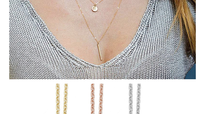 Fashion Steel Color Rectangular Small Round Stainless Steel Double Layer Necklace,Necklaces