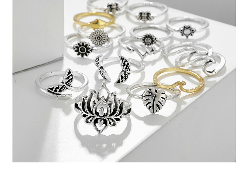 Fashion Silver Lotus Fishtail Spray The Bees Sunflower Geometric Ring Set,Rings Set