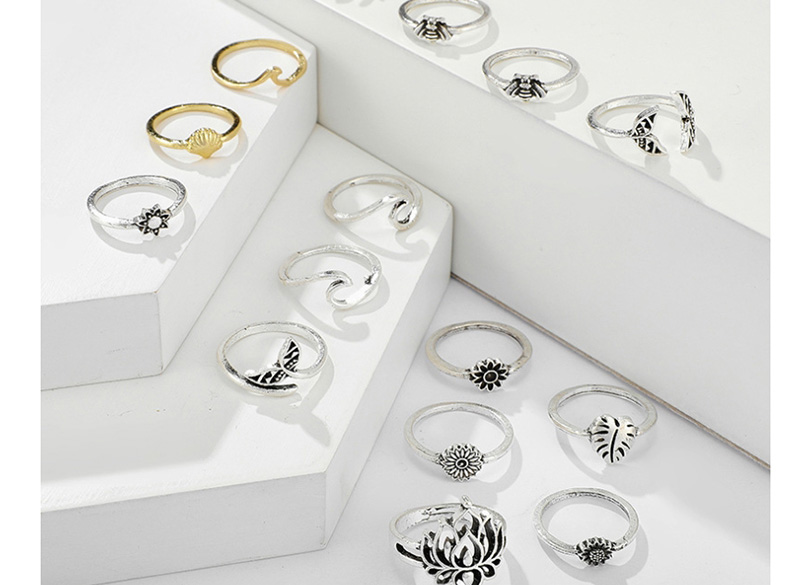 Fashion Silver Lotus Fishtail Spray The Bees Sunflower Geometric Ring Set,Rings Set