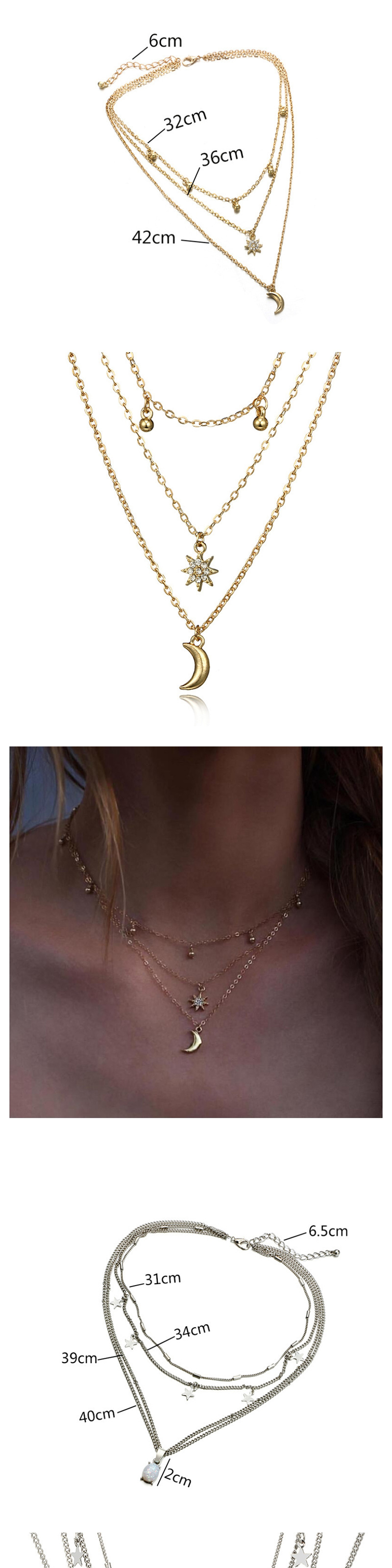 Fashion Golden Starburst Alloy Shell Multilayer Diamond Necklace,Multi Strand Necklaces