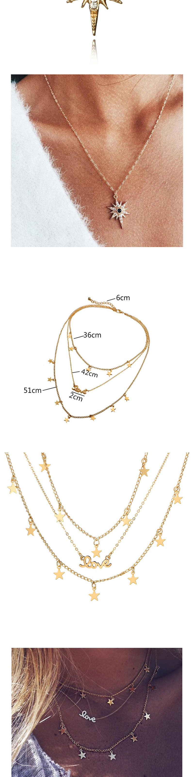Fashion Golden Starburst Alloy Shell Multilayer Diamond Necklace,Multi Strand Necklaces