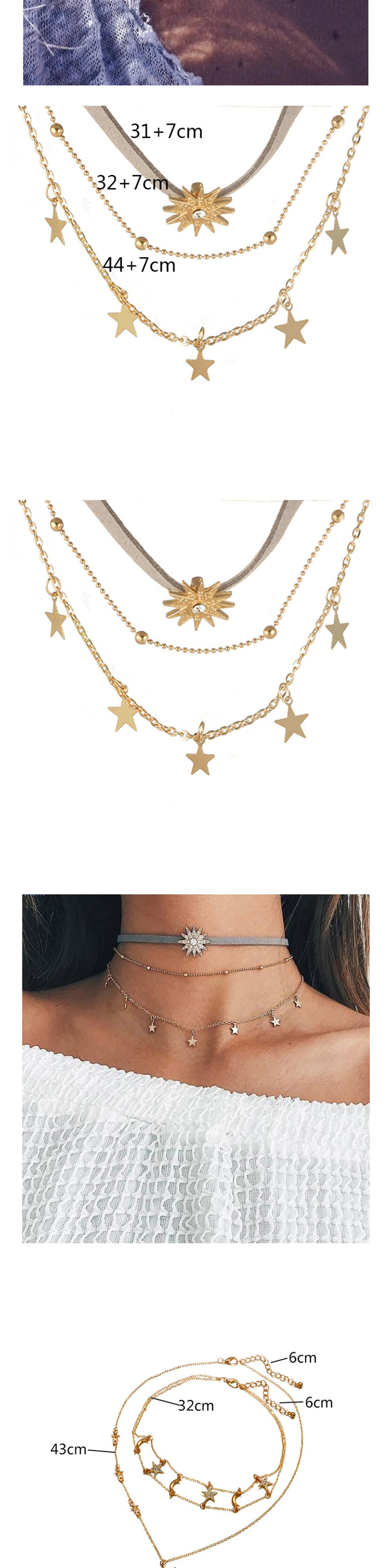 Fashion Golden Pentagram Necklace Multilayer Alloy Diamond Eyes,Multi Strand Necklaces