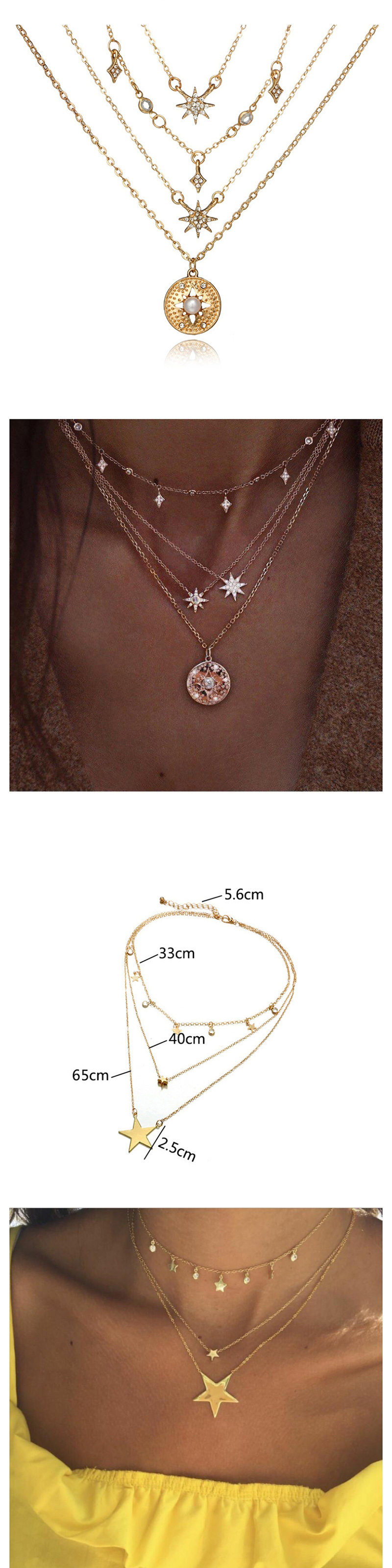 Fashion Golden Pentagram Necklace Multilayer Alloy Diamond Eyes,Multi Strand Necklaces