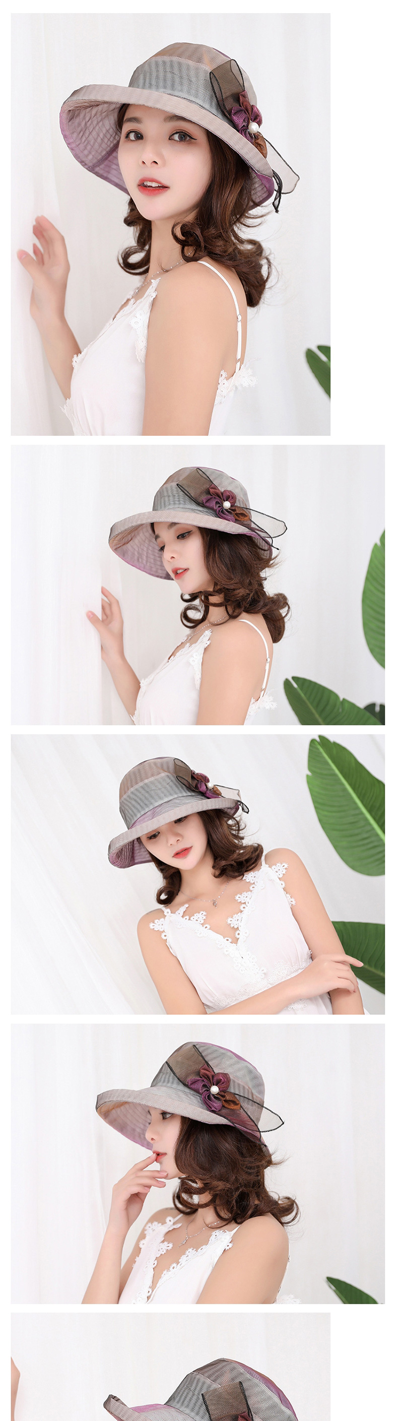 Fashion Navy Contrast Hat With Flower Bow And Pearl Mesh,Sun Hats