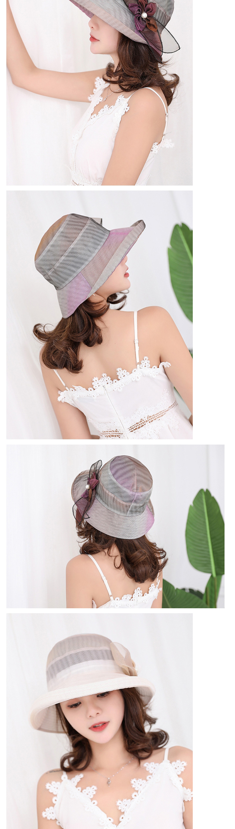 Fashion Purple Contrast Hat With Flower Bow And Pearl Mesh,Sun Hats