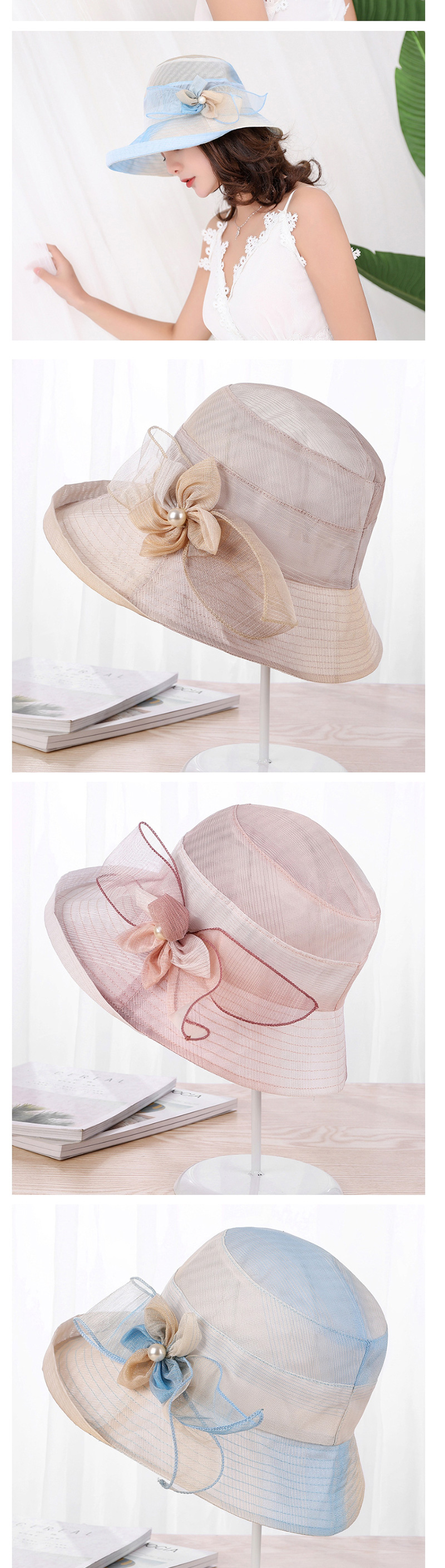 Fashion 9540 Light Purple Bow-knit Pearl Mesh Contrast Hat,Sun Hats