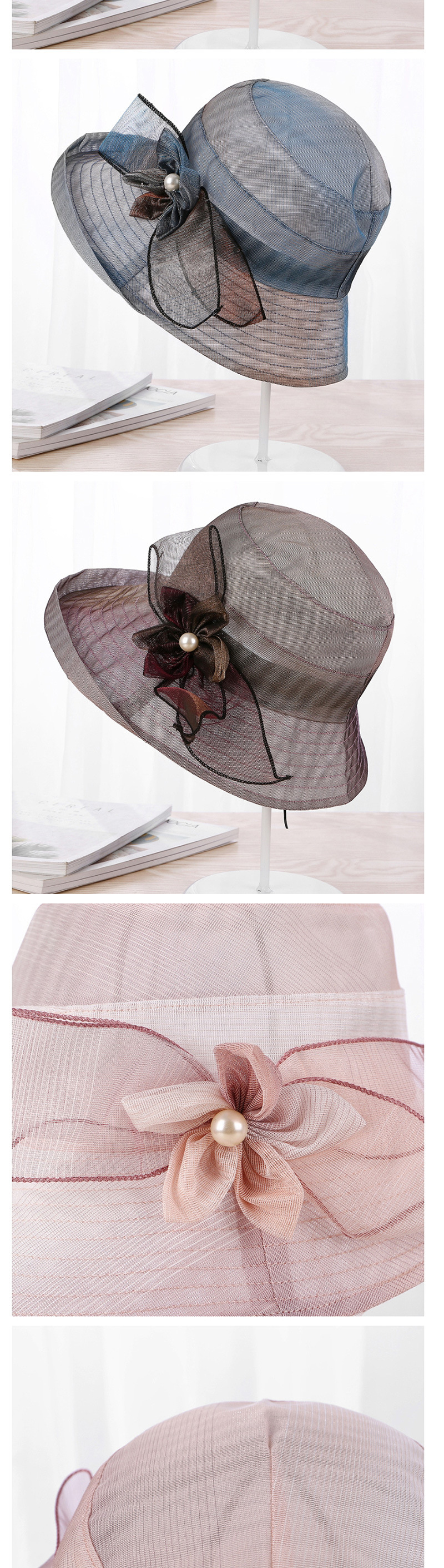 Fashion Beige Contrast Hat With Flower Bow And Pearl Mesh,Sun Hats