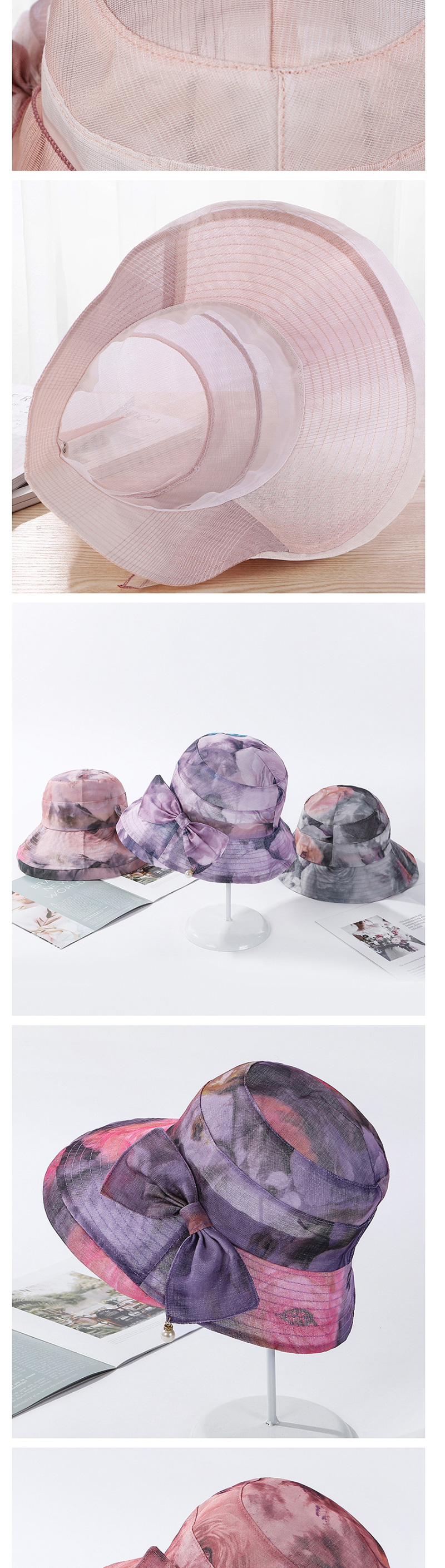 Fashion Purple Contrast Hat With Flower Bow And Pearl Mesh,Sun Hats