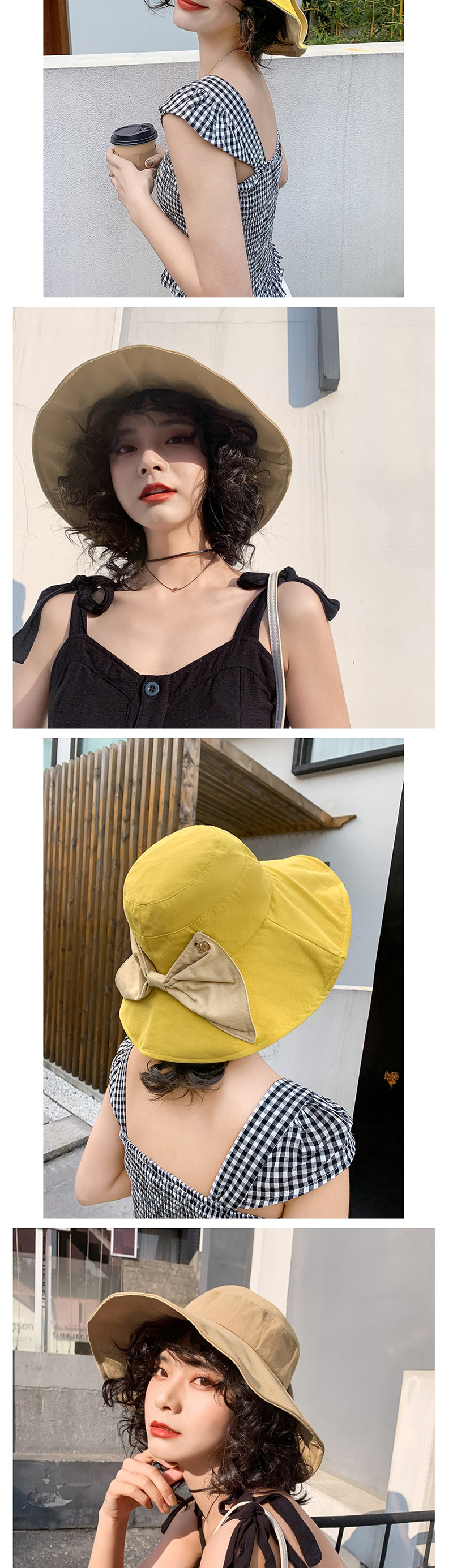 Fashion Yellow Contrasting Color Fisherman Hat With Big Eaves Bow,Sun Hats