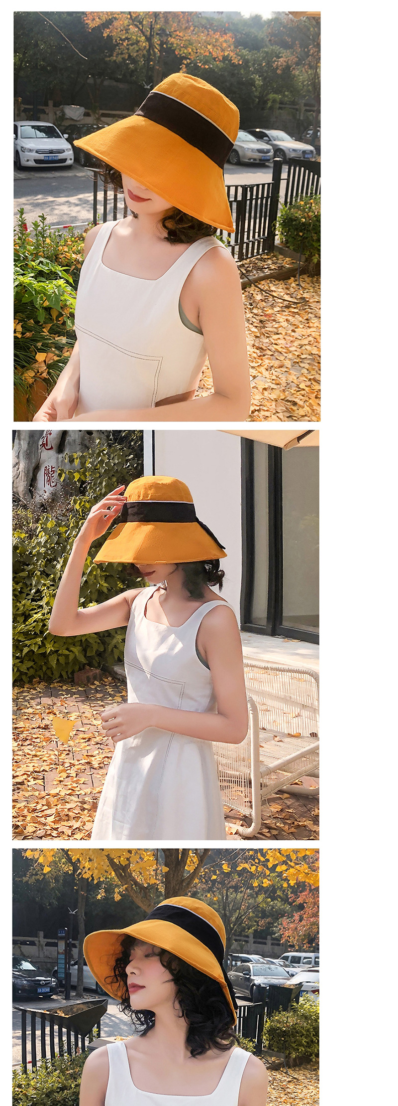 Fashion Yellow Contrasting Color Fisherman Hat With Big Eaves Bow,Sun Hats
