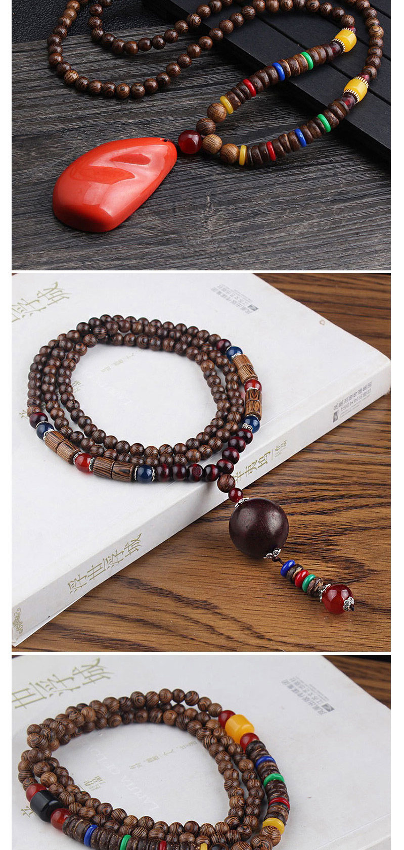 Fashion Khaki Thousand Eyes Bodhi Wood Beads Long Sweater Chain,Pendants