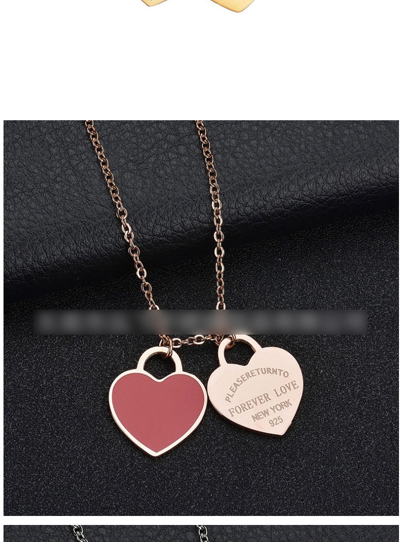 Fashion Red Heart-rose Gold Stainless Steel Double Heart Enamel Letter Necklace,Necklaces