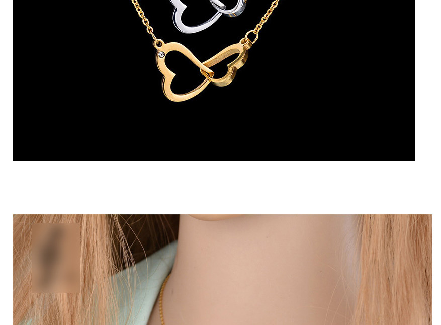 Fashion Golden Double Heart Diamond Stainless Steel Hollow Sweater Chain,Necklaces