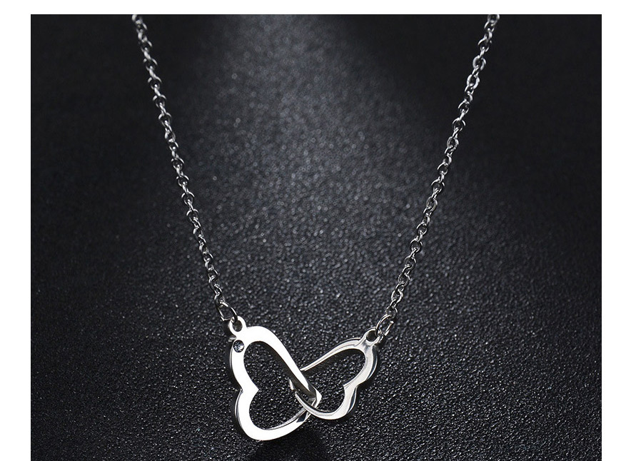 Fashion Steel Color Double Heart Diamond Stainless Steel Hollow Sweater Chain,Necklaces