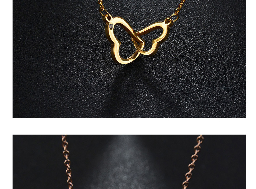 Fashion Rose Gold Double Heart Diamond Stainless Steel Hollow Sweater Chain,Necklaces