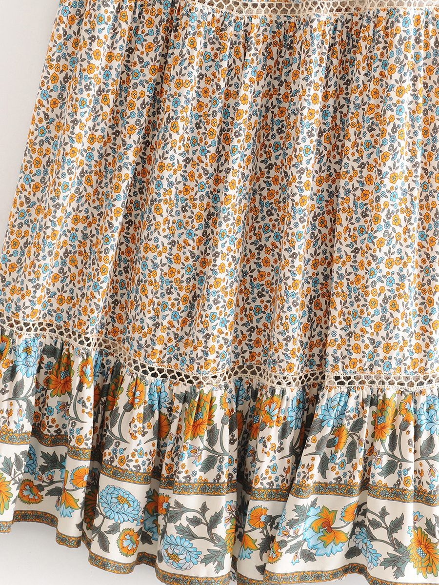 Fashion Blue Elastic Waist Cutout Floral Print Skirt,Skirts