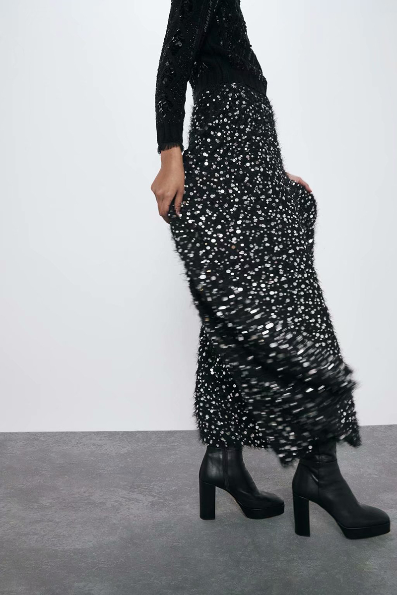 Fashion Black Sequin-embellished Elastic Waist Skirt,Skirts