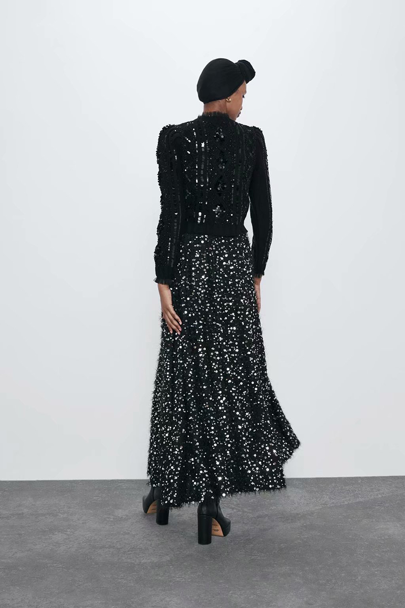 Fashion Black Sequin-embellished Elastic Waist Skirt,Skirts