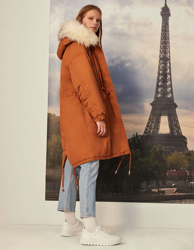 Fashion Ginger Belted Hooded Fur Collar Mid-length Parka Frock Jacket,Coat-Jacket